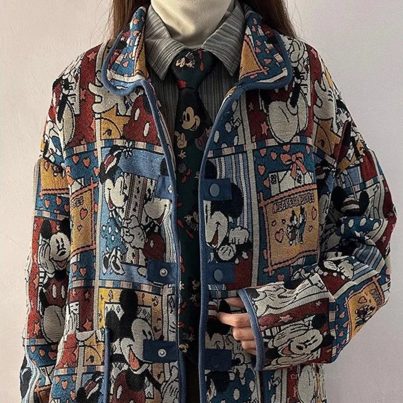 Disney Mickey Cute Cartoon Jacquard Jacket Women Autumn American Style Vintage Loose Coat Unique Design Trendy Versatile Jacket