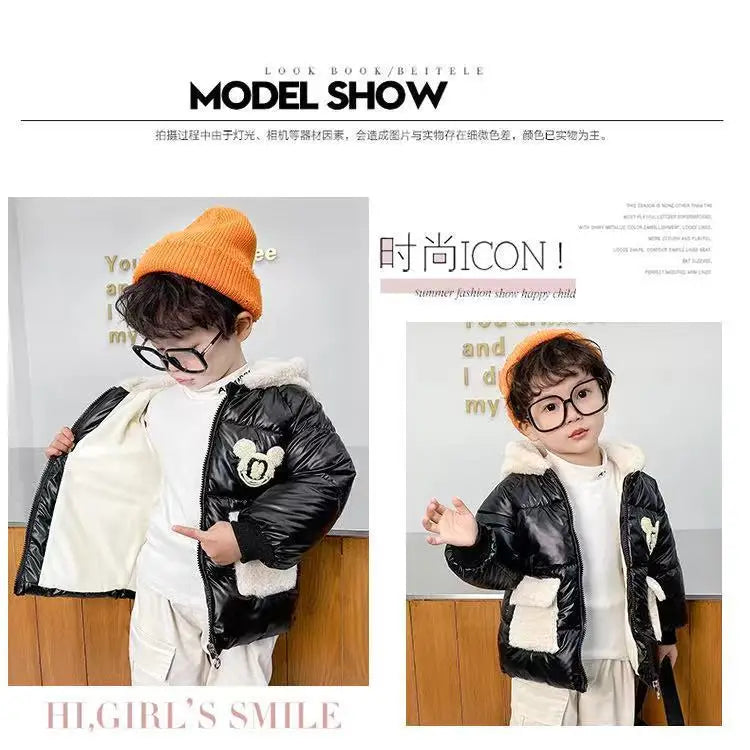 Baby Girls Boys down Jacket 2024 Winter Coats Children Clothes Mickey Mouse Hooded Windbreaker Coat for Kids Warm Plush Parka