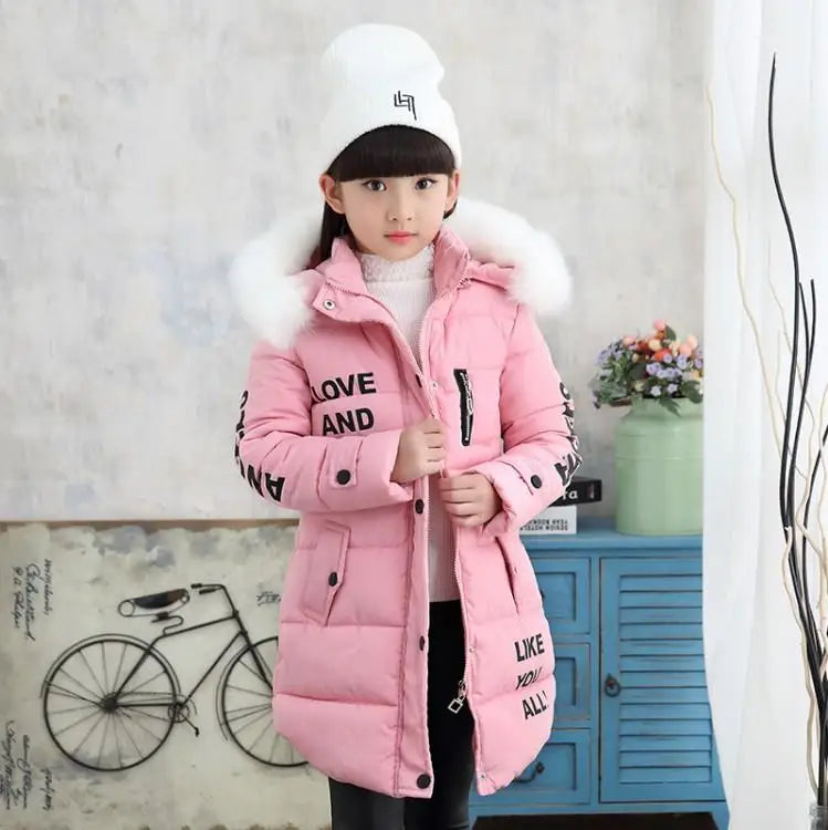 RAISE 2024 Russia Winter 4-13Y Girls Parkas Faux Fur Collar Baby Girl Long Cotton-padded Jacket Letter Junior Girl Snowwear Coat
