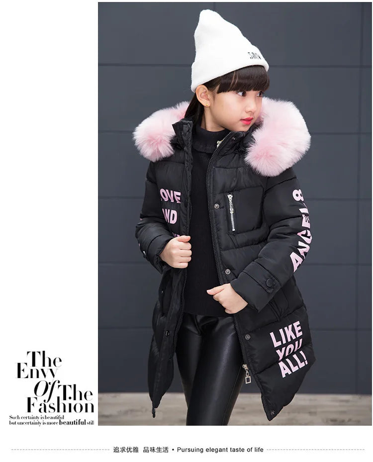 RAISE 2024 Russia Winter 4-13Y Girls Parkas Faux Fur Collar Baby Girl Long Cotton-padded Jacket Letter Junior Girl Snowwear Coat