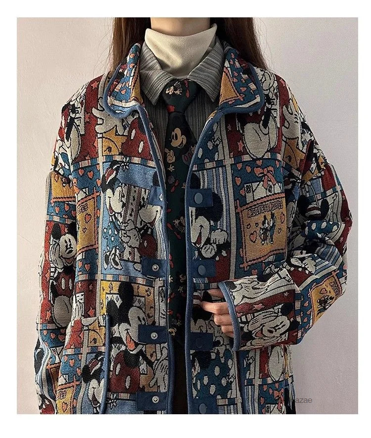 Disney Mickey Cute Cartoon Jacquard Jacket Women Autumn American Style Vintage Loose Coat Unique Design Trendy Versatile Jacket