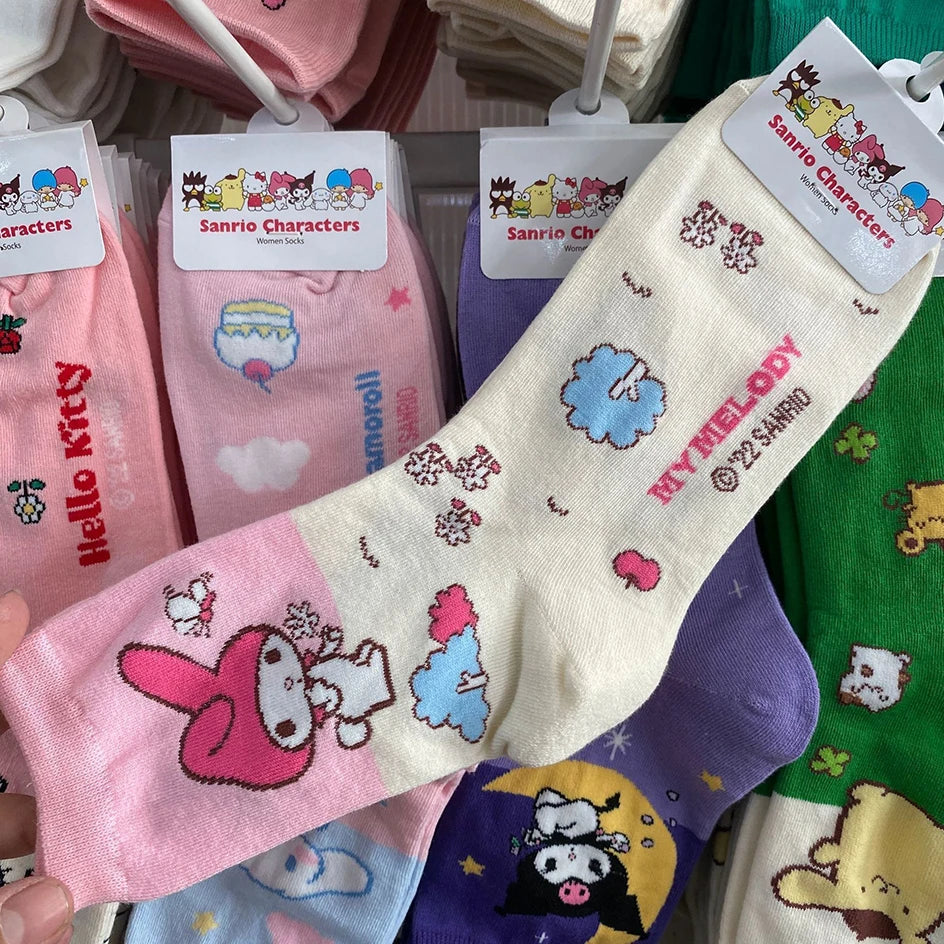 HELLO KITTY Socks -i Hello Kitty- Kuromi- Cinnamoroll Cartoon Kawaii Student Stockings Cute Girls Cotton Home Warm Socks