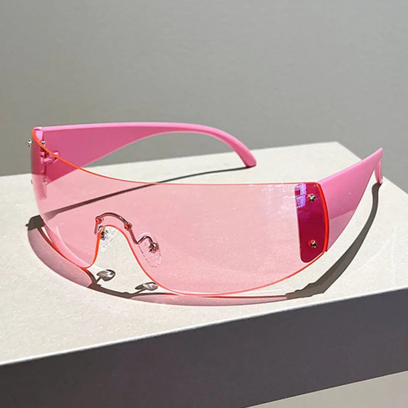 Rimless Brand Designer Sunglasses Women For Men 2023 One Piece Trending Luxury Sun Glasses Rivet Steampunk Pink Shades UV400