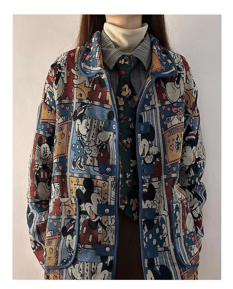 Disney Mickey Cute Cartoon Jacquard Jacket Women Autumn American Style Vintage Loose Coat Unique Design Trendy Versatile Jacket