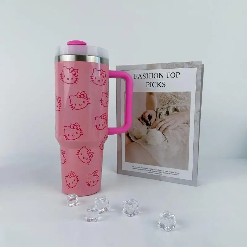 40 Oz Sanrio Hello Kitty Stainless Steel Insulated Mug Pink with Handle Straw Mugs Large Capacity Thermos Drinks Coke Coffee Mug