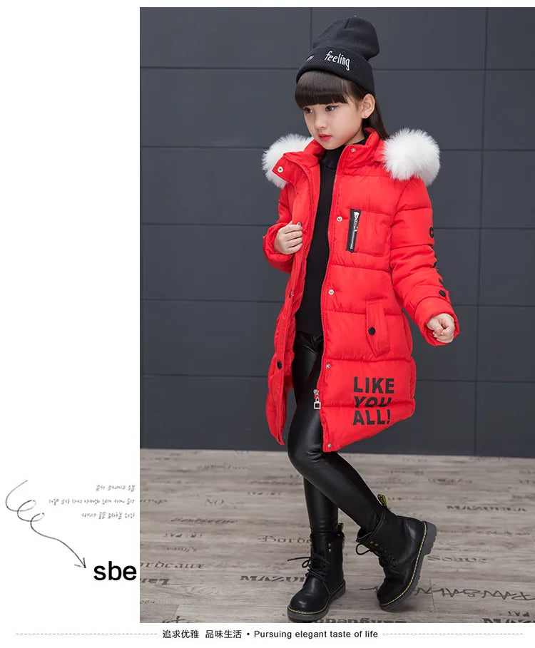 RAISE 2024 Russia Winter 4-13Y Girls Parkas Faux Fur Collar Baby Girl Long Cotton-padded Jacket Letter Junior Girl Snowwear Coat