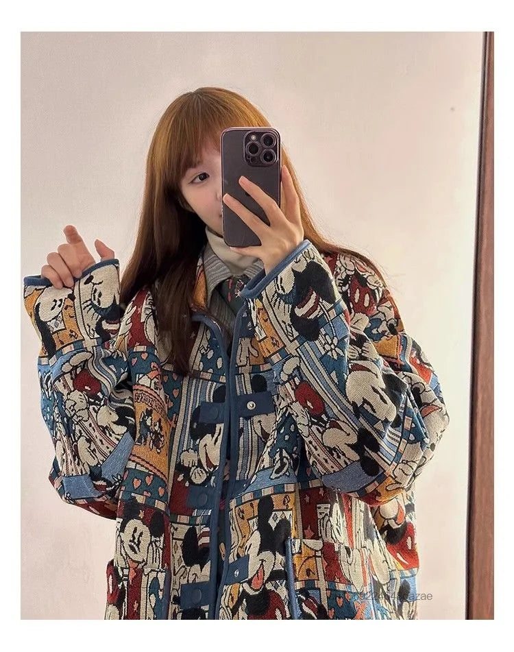 Disney Mickey Cute Cartoon Jacquard Jacket Women Autumn American Style Vintage Loose Coat Unique Design Trendy Versatile Jacket