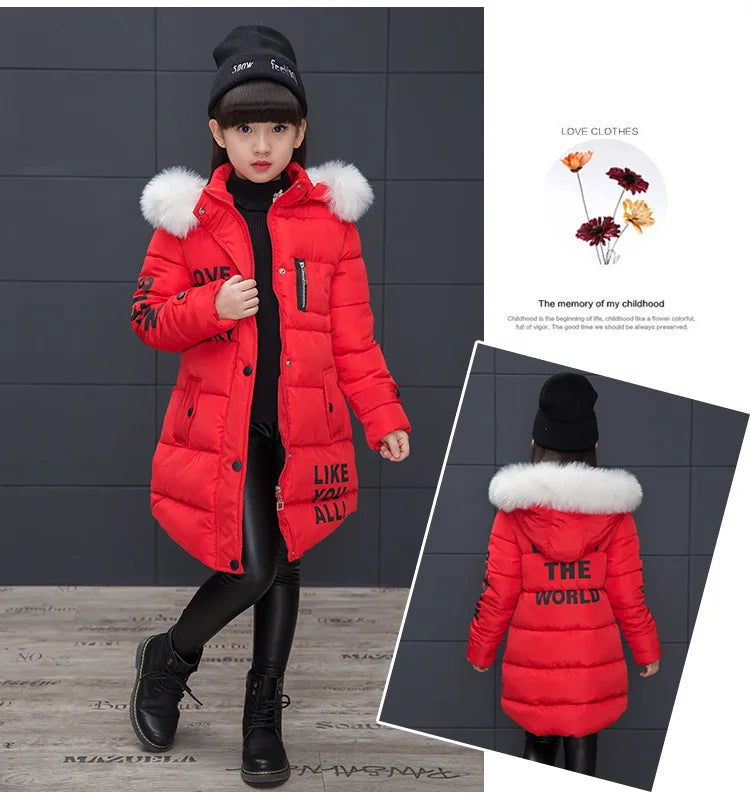 RAISE 2024 Russia Winter 4-13Y Girls Parkas Faux Fur Collar Baby Girl Long Cotton-padded Jacket Letter Junior Girl Snowwear Coat