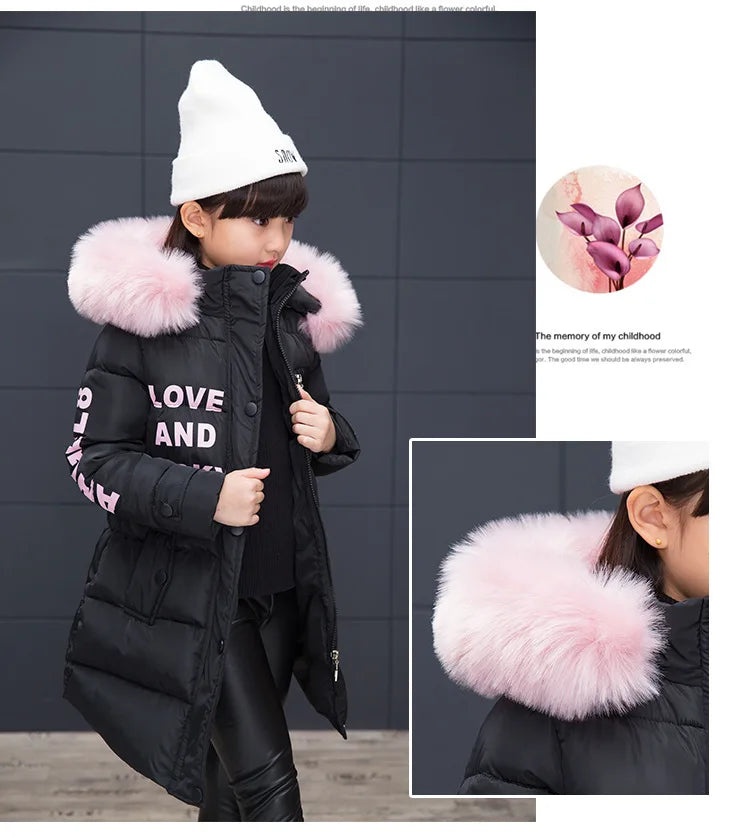 RAISE 2024 Russia Winter 4-13Y Girls Parkas Faux Fur Collar Baby Girl Long Cotton-padded Jacket Letter Junior Girl Snowwear Coat