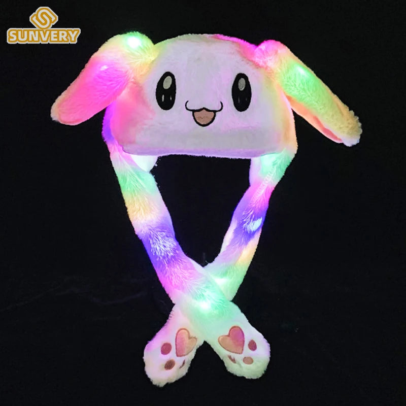 Glowing Plush Ear Moving Jumping Rabbit Hat Funny Glowing Ear Moving Bunny Hat Cosplay Christmas Party Hat 5-18 Years and Adult