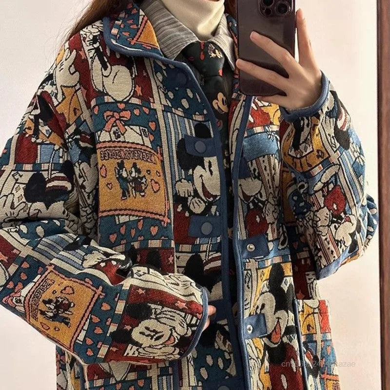 Disney Mickey Cute Cartoon Jacquard Jacket Women Autumn American Style Vintage Loose Coat Unique Design Trendy Versatile Jacket