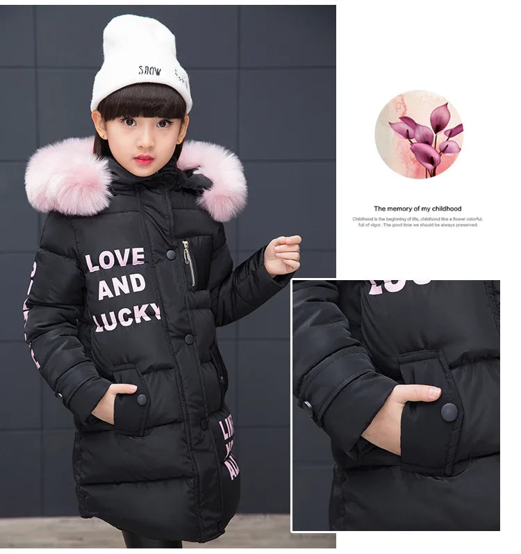 RAISE 2024 Russia Winter 4-13Y Girls Parkas Faux Fur Collar Baby Girl Long Cotton-padded Jacket Letter Junior Girl Snowwear Coat