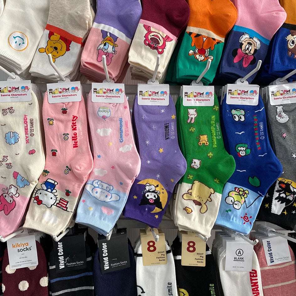 HELLO KITTY Socks -i Hello Kitty- Kuromi- Cinnamoroll Cartoon Kawaii Student Stockings Cute Girls Cotton Home Warm Socks