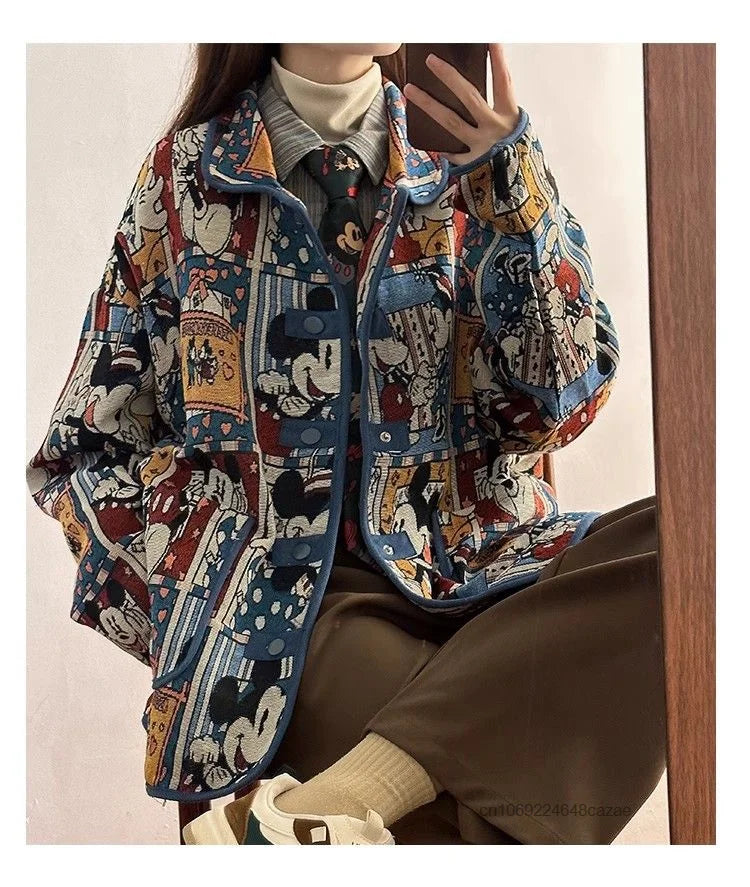 Disney Mickey Cute Cartoon Jacquard Jacket Women Autumn American Style Vintage Loose Coat Unique Design Trendy Versatile Jacket