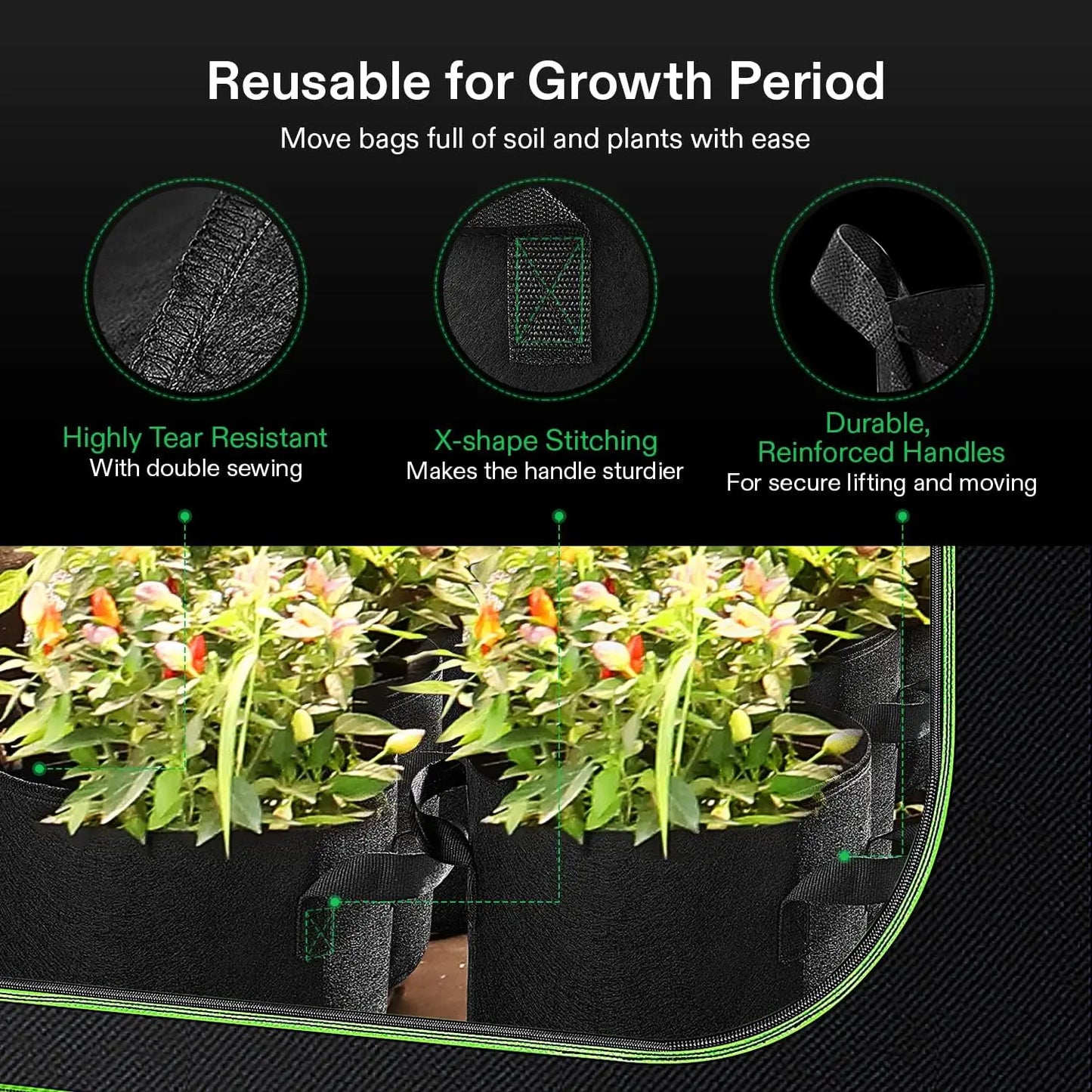Grow Bags Heavy Duty Thickened Non-woven Fabric Pots with Handle Indoor/Outdoor