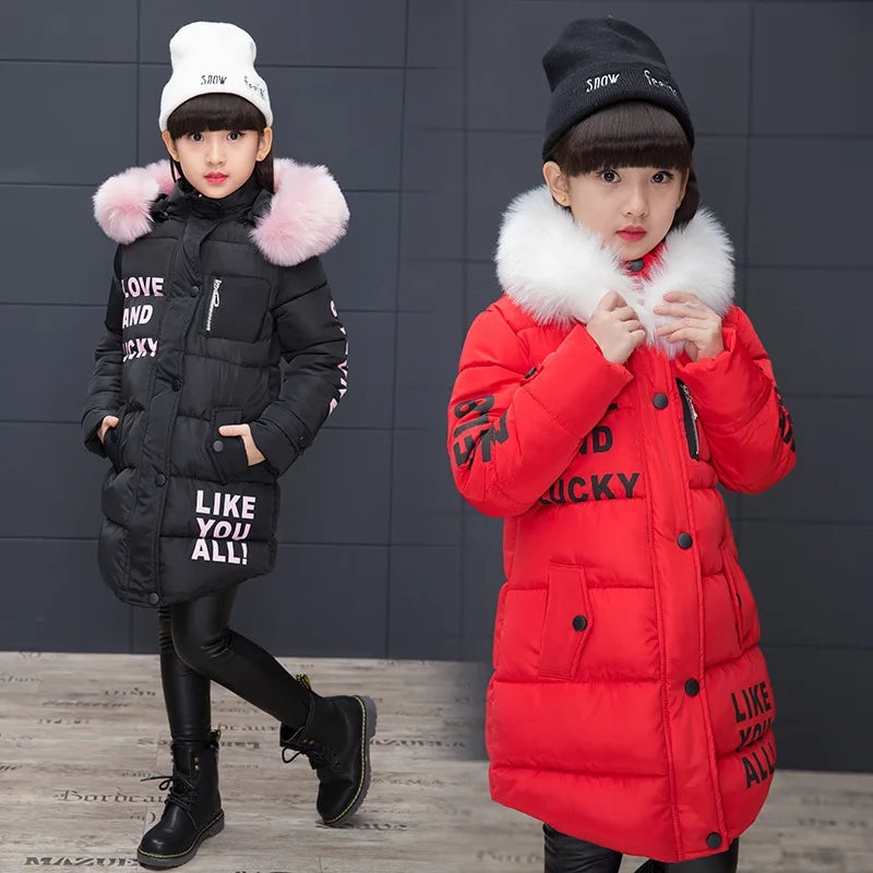 RAISE 2024 Russia Winter 4-13Y Girls Parkas Faux Fur Collar Baby Girl Long Cotton-padded Jacket Letter Junior Girl Snowwear Coat