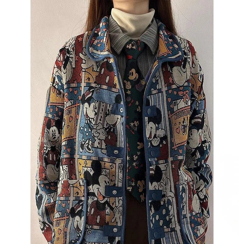 Disney Mickey Cute Cartoon Jacquard Jacket Women Autumn American Style Vintage Loose Coat Unique Design Trendy Versatile Jacket