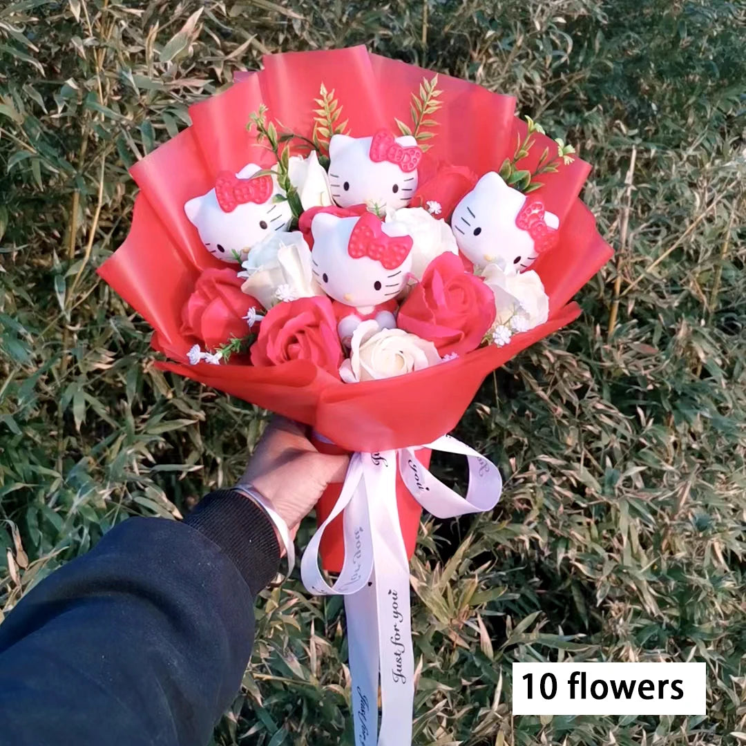 Hello Kitty Cartoon Plush Bouquet Anime Rose Soap Flowers Doll Home Wedding Decoration Christmas Valentine's Day Gift