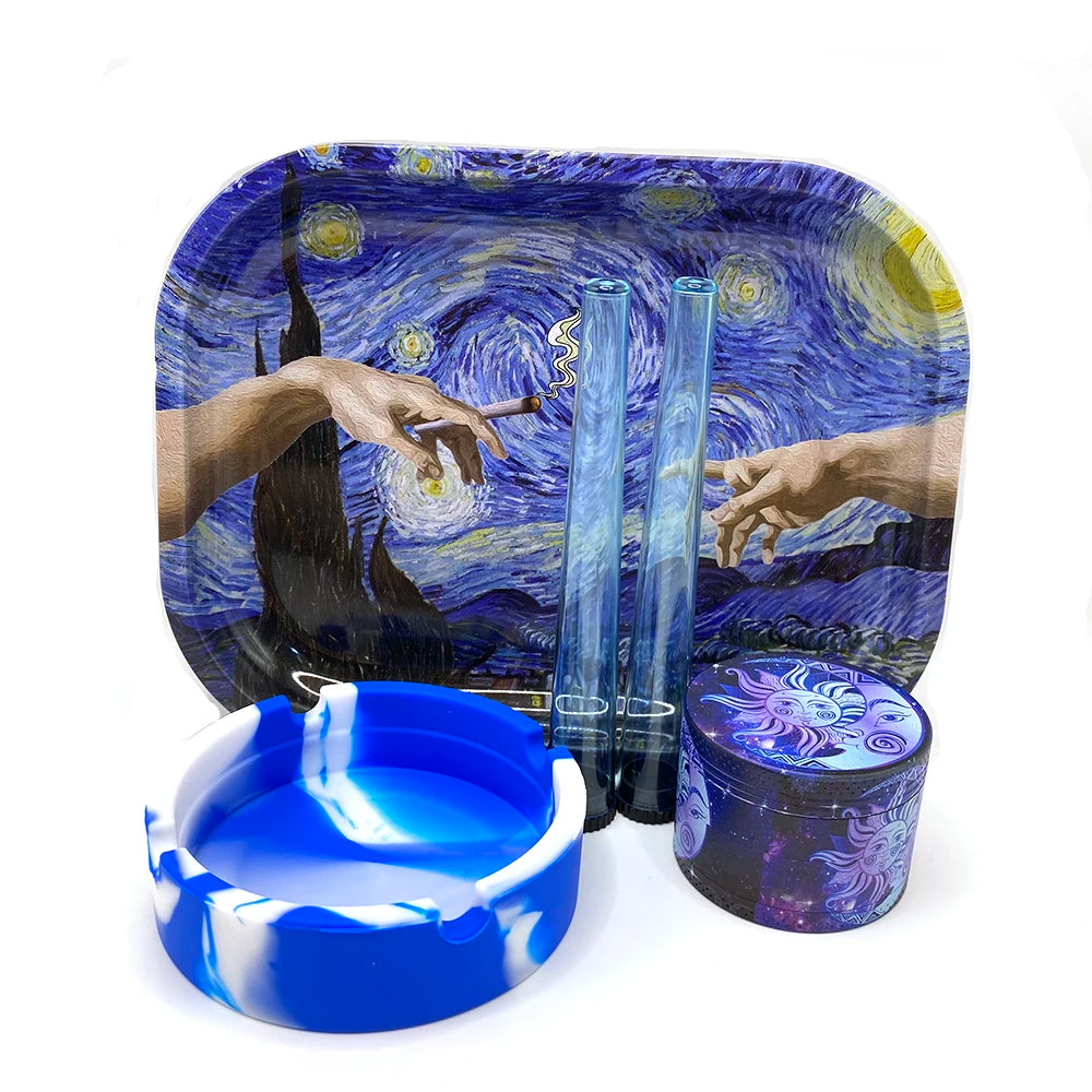 Smoking Odor Smell Proof Storage Tube Kit with Combination Metal Rolling Tray Herb Grinder Cigarette Silicone Ashtray Set