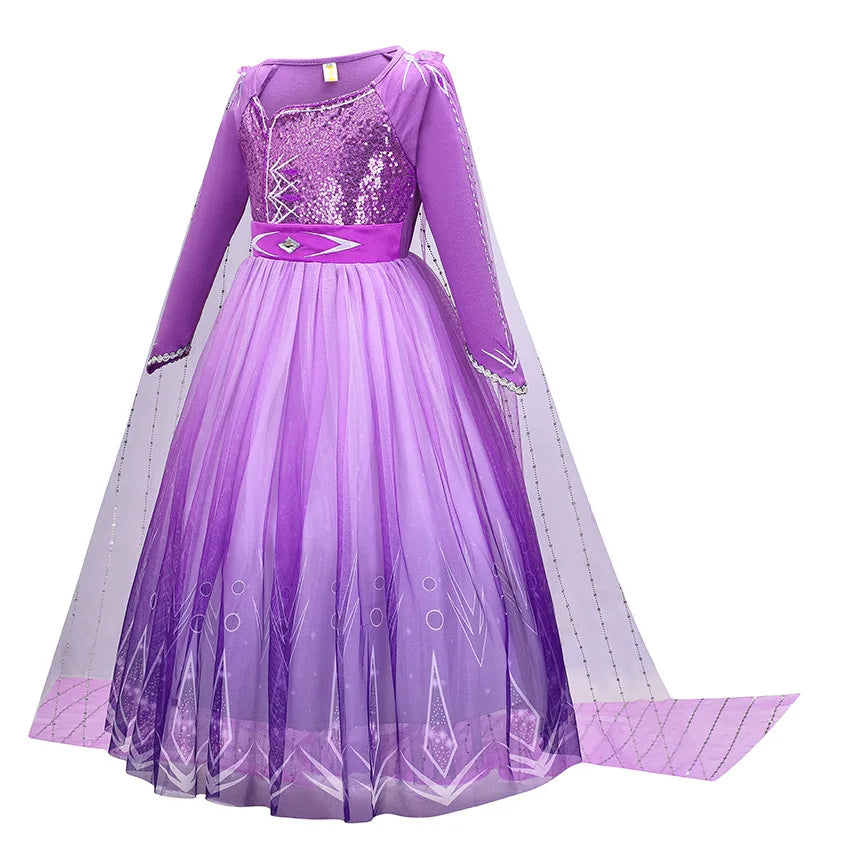Disney Elsa Dress Princess Cosplay Purple Sequins Long Sleeves Ball Gown