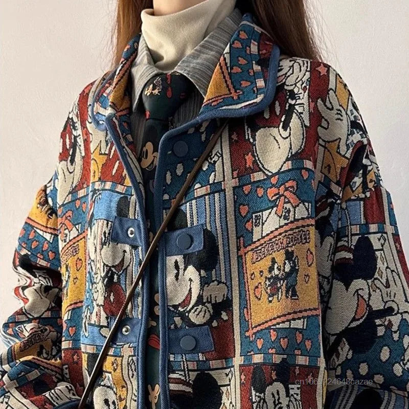 Disney Mickey Cute Cartoon Jacquard Jacket Women Autumn American Style Vintage Loose Coat Unique Design Trendy Versatile Jacket