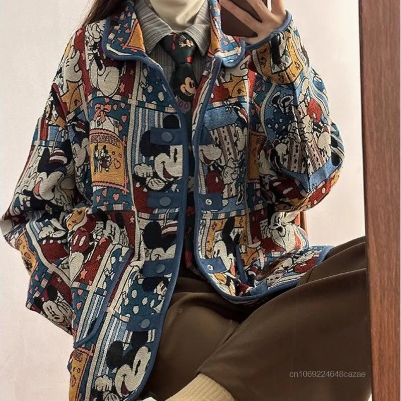 Disney Mickey Cute Cartoon Jacquard Jacket Women Autumn American Style Vintage Loose Coat Unique Design Trendy Versatile Jacket