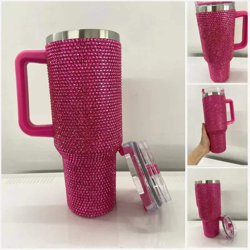 40oz Rhinestone Tumbler Straw Cup Stainless Steel Glitter Diamond Women Coffee Mug Large Travel Car Shiny Thermoses Water Bottle