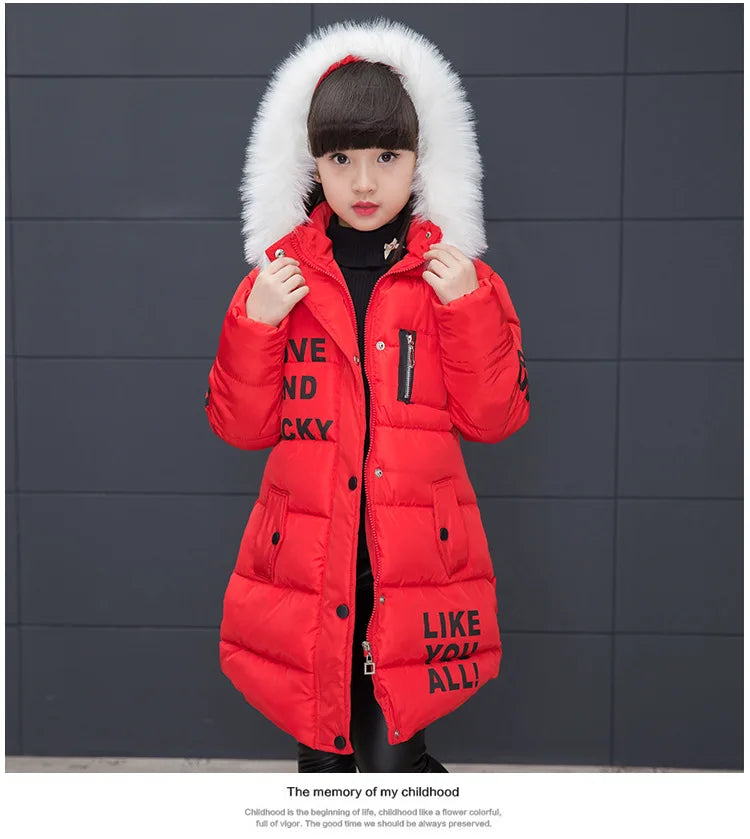RAISE 2024 Russia Winter 4-13Y Girls Parkas Faux Fur Collar Baby Girl Long Cotton-padded Jacket Letter Junior Girl Snowwear Coat