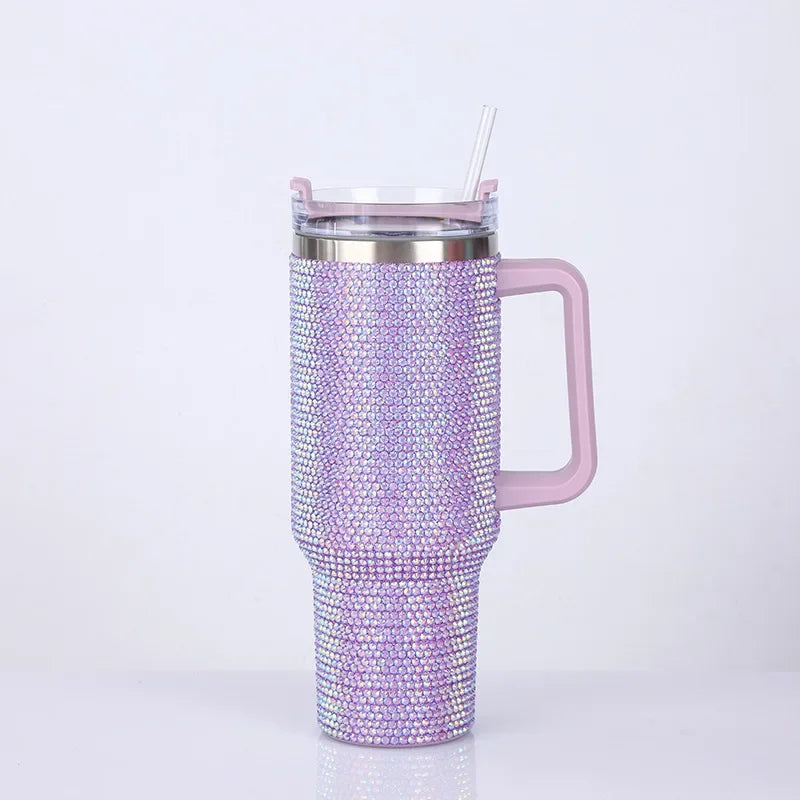 40oz Rhinestone Tumbler Straw Cup Stainless Steel Glitter Diamond Women Coffee Mug Large Travel Car Shiny Thermoses Water Bottle