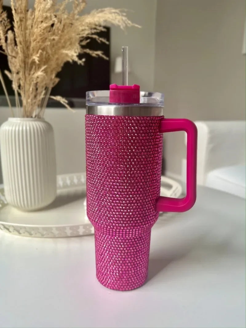 40oz Rhinestone Tumbler Straw Cup Stainless Steel Glitter Diamond Women Coffee Mug Large Travel Car Shiny Thermoses Water Bottle