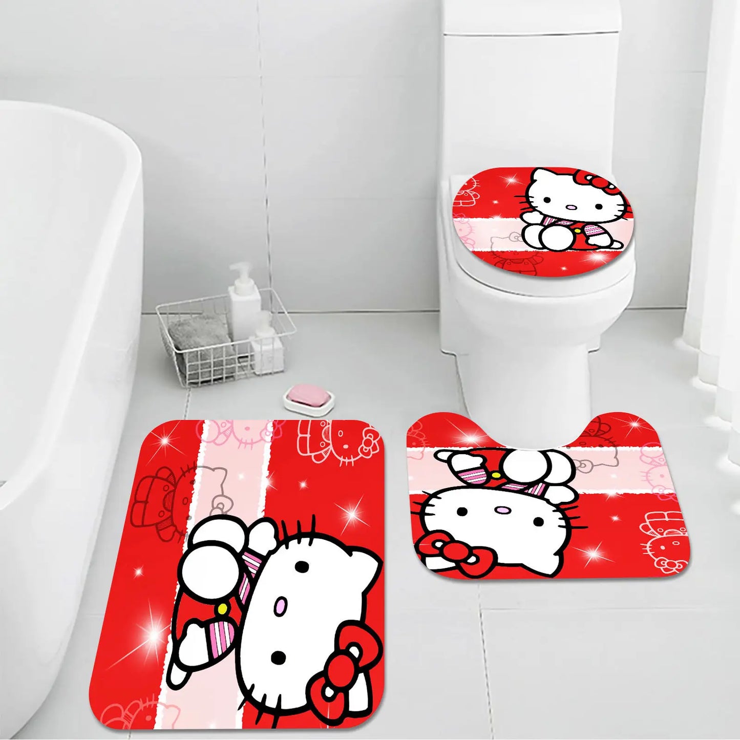 Hello Kitty Bathroom Shower Curtain Accessories Bathroom 4 Piece Set Mats And Curtains Home Decor Cartoon Cute Anime