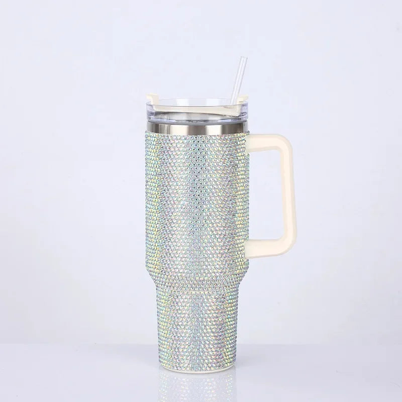 40oz Rhinestone Tumbler Straw Cup Stainless Steel Glitter Diamond Women Coffee Mug Large Travel Car Shiny Thermoses Water Bottle