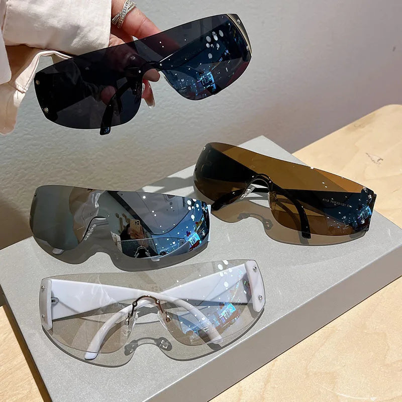 Rimless Brand Designer Sunglasses Women For Men 2023 One Piece Trending Luxury Sun Glasses Rivet Steampunk Pink Shades UV400