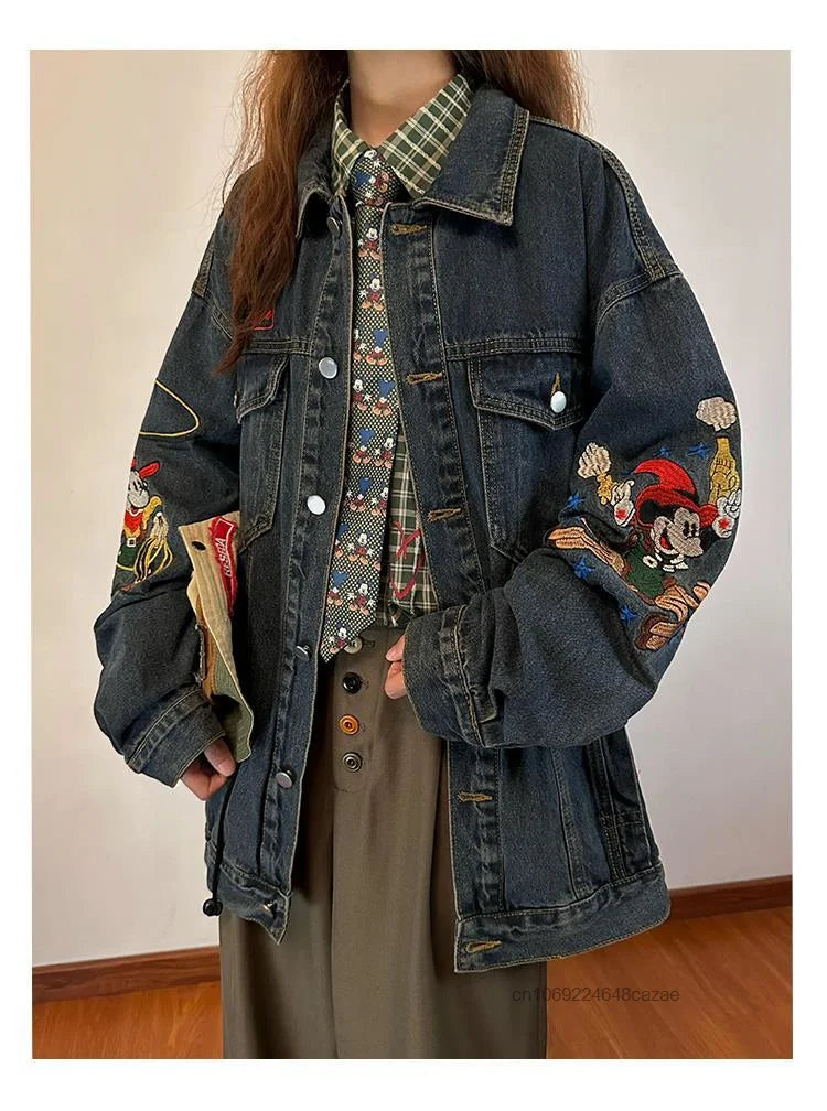 Disney Mickey Mouse American Style Vintage Denim Coat Cute Embroidered Casual Cowboy Coat Women's Autumn Loose Trendy Jacket Top