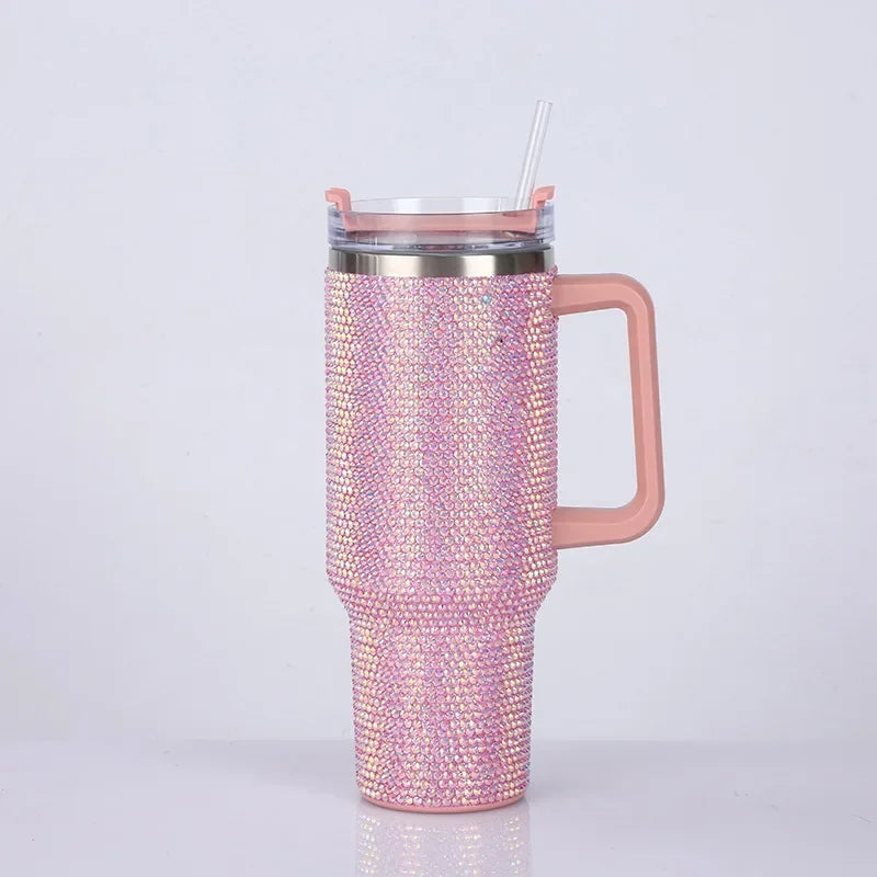40oz Rhinestone Tumbler Straw Cup Stainless Steel Glitter Diamond Women Coffee Mug Large Travel Car Shiny Thermoses Water Bottle
