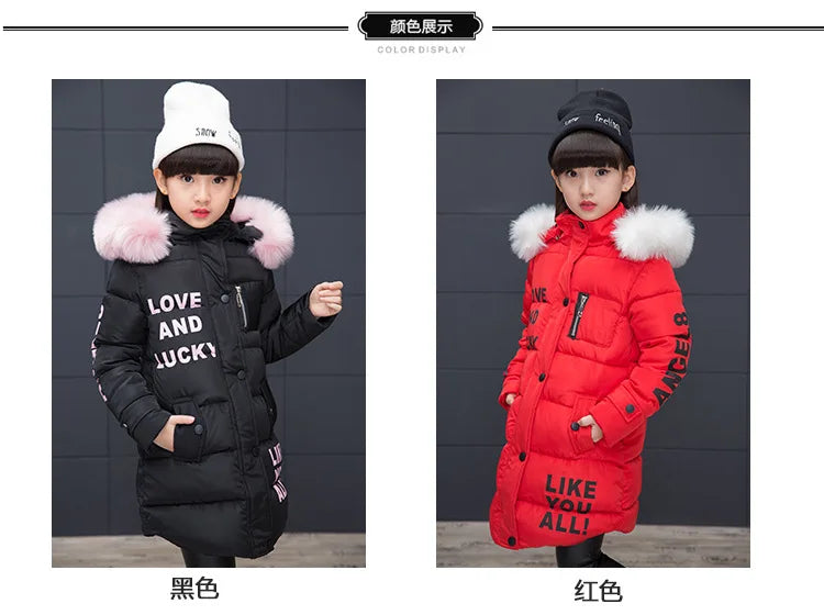 RAISE 2024 Russia Winter 4-13Y Girls Parkas Faux Fur Collar Baby Girl Long Cotton-padded Jacket Letter Junior Girl Snowwear Coat