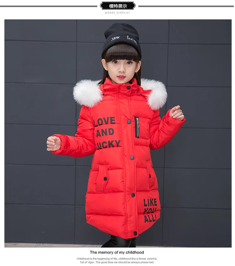 RAISE 2024 Russia Winter 4-13Y Girls Parkas Faux Fur Collar Baby Girl Long Cotton-padded Jacket Letter Junior Girl Snowwear Coat