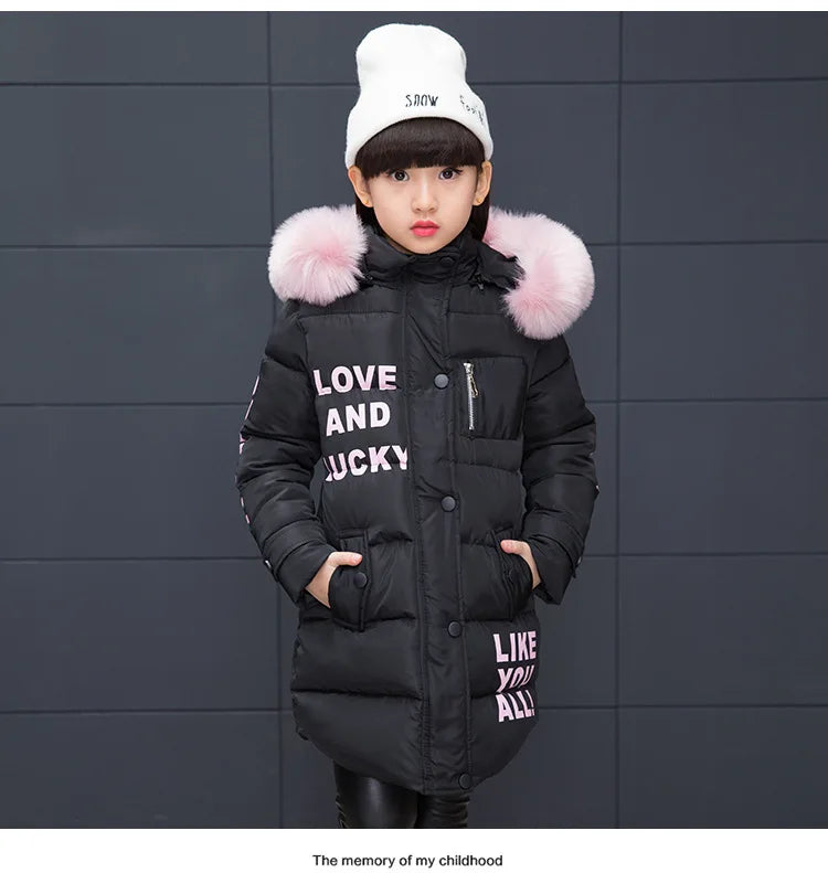 RAISE 2024 Russia Winter 4-13Y Girls Parkas Faux Fur Collar Baby Girl Long Cotton-padded Jacket Letter Junior Girl Snowwear Coat