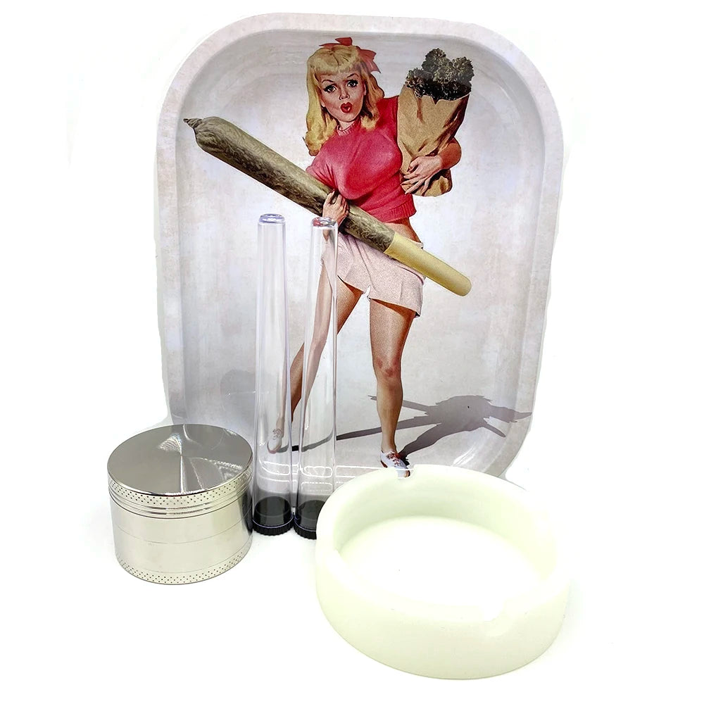 Smoking Odor Smell Proof Storage Tube Kit with Combination Metal Rolling Tray Herb Grinder Cigarette Silicone Ashtray Set