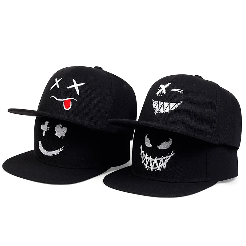 Men's One-Piece Unisex Smiling Face Embroidered Hip Hop Hat, Adjustable for Outdoor Sun Protection, Leisure Wear for Spring, Autumn, Travel, and Beach Vacations.