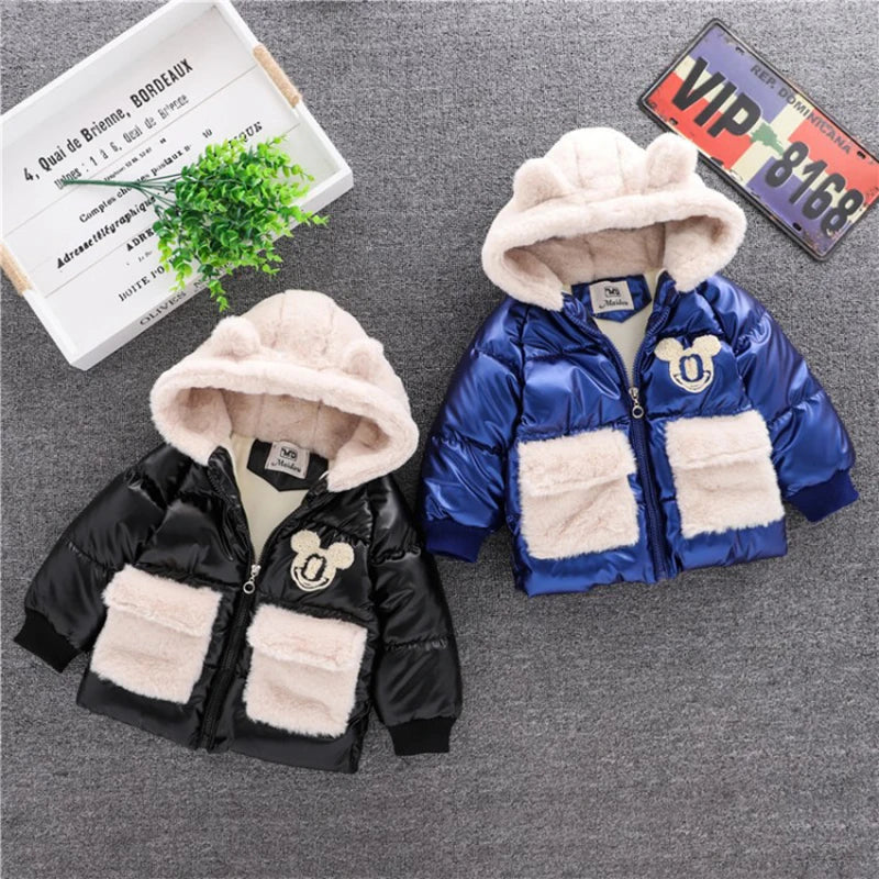 Baby Girls Boys down Jacket 2024 Winter Coats Children Clothes Mickey Mouse Hooded Windbreaker Coat for Kids Warm Plush Parka