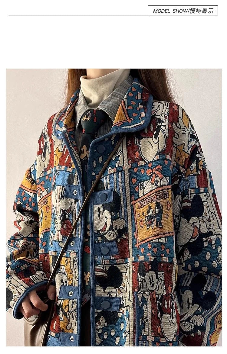 Disney Mickey Cute Cartoon Jacquard Jacket Women Autumn American Style Vintage Loose Coat Unique Design Trendy Versatile Jacket