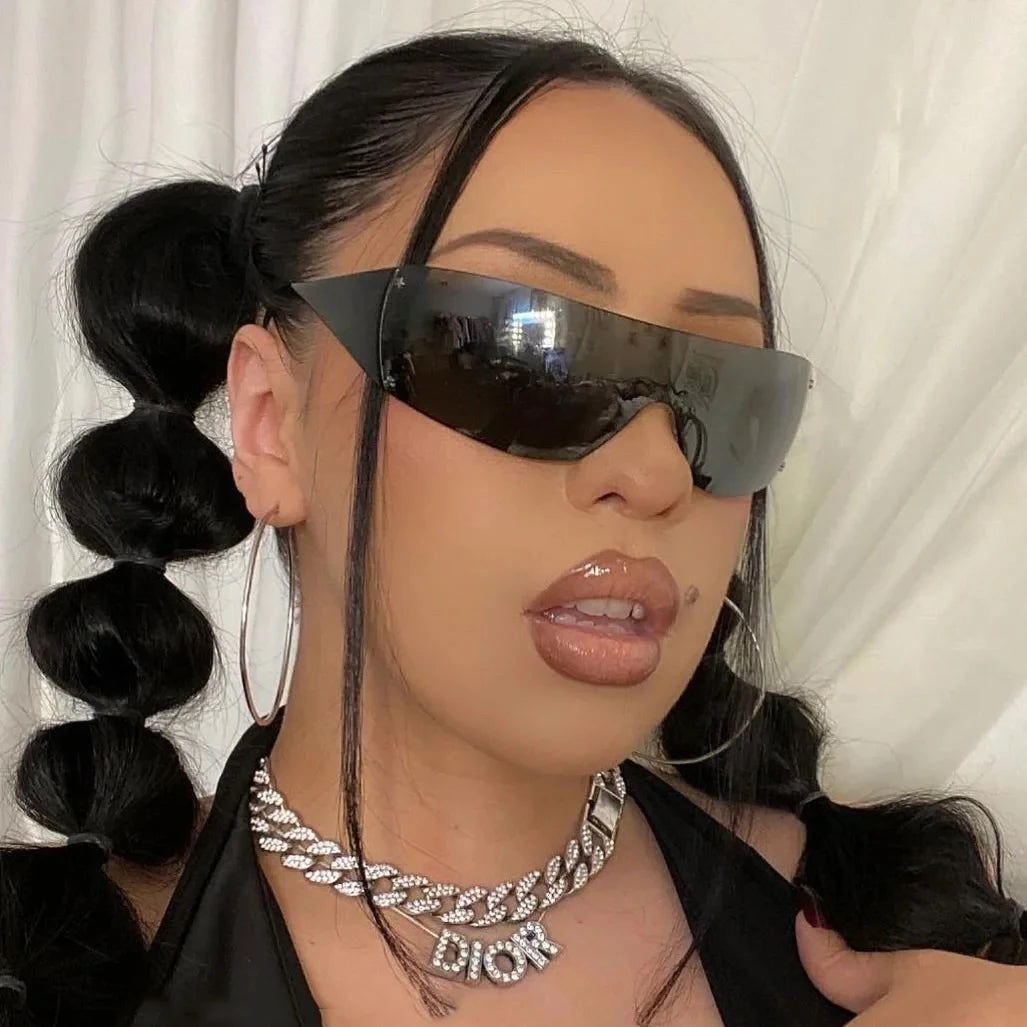Rimless Brand Designer Sunglasses Women For Men 2023 One Piece Trending Luxury Sun Glasses Rivet Steampunk Pink Shades UV400