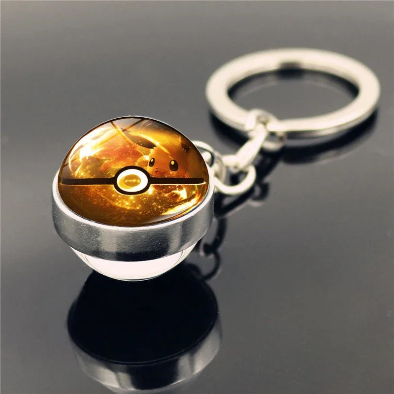 Pokemon Poke Ball Keychain Anime Pikachu Eevee Action Figures Double Sided Glass Key Ring Pendant Accessories Toys Xmas Gifts