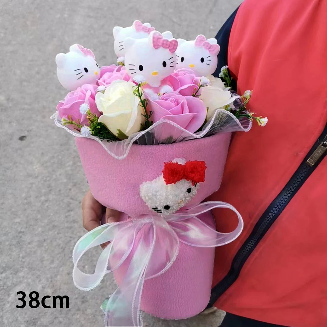 Hello Kitty Cartoon Plush Bouquet Anime Rose Soap Flowers Doll Home Wedding Decoration Christmas Valentine's Day Gift