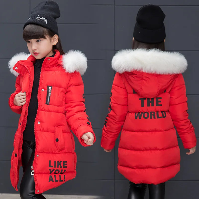 RAISE 2024 Russia Winter 4-13Y Girls Parkas Faux Fur Collar Baby Girl Long Cotton-padded Jacket Letter Junior Girl Snowwear Coat