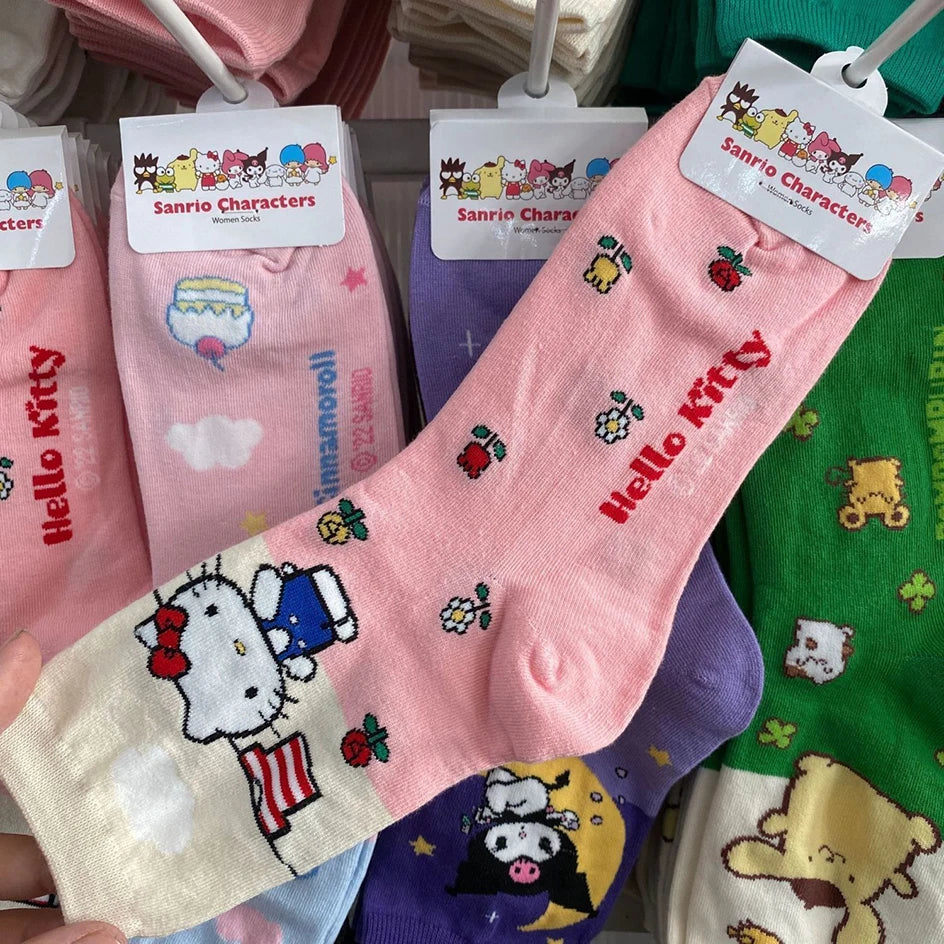 HELLO KITTY Socks -i Hello Kitty- Kuromi- Cinnamoroll Cartoon Kawaii Student Stockings Cute Girls Cotton Home Warm Socks