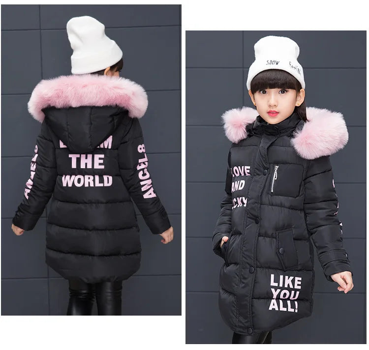 RAISE 2024 Russia Winter 4-13Y Girls Parkas Faux Fur Collar Baby Girl Long Cotton-padded Jacket Letter Junior Girl Snowwear Coat