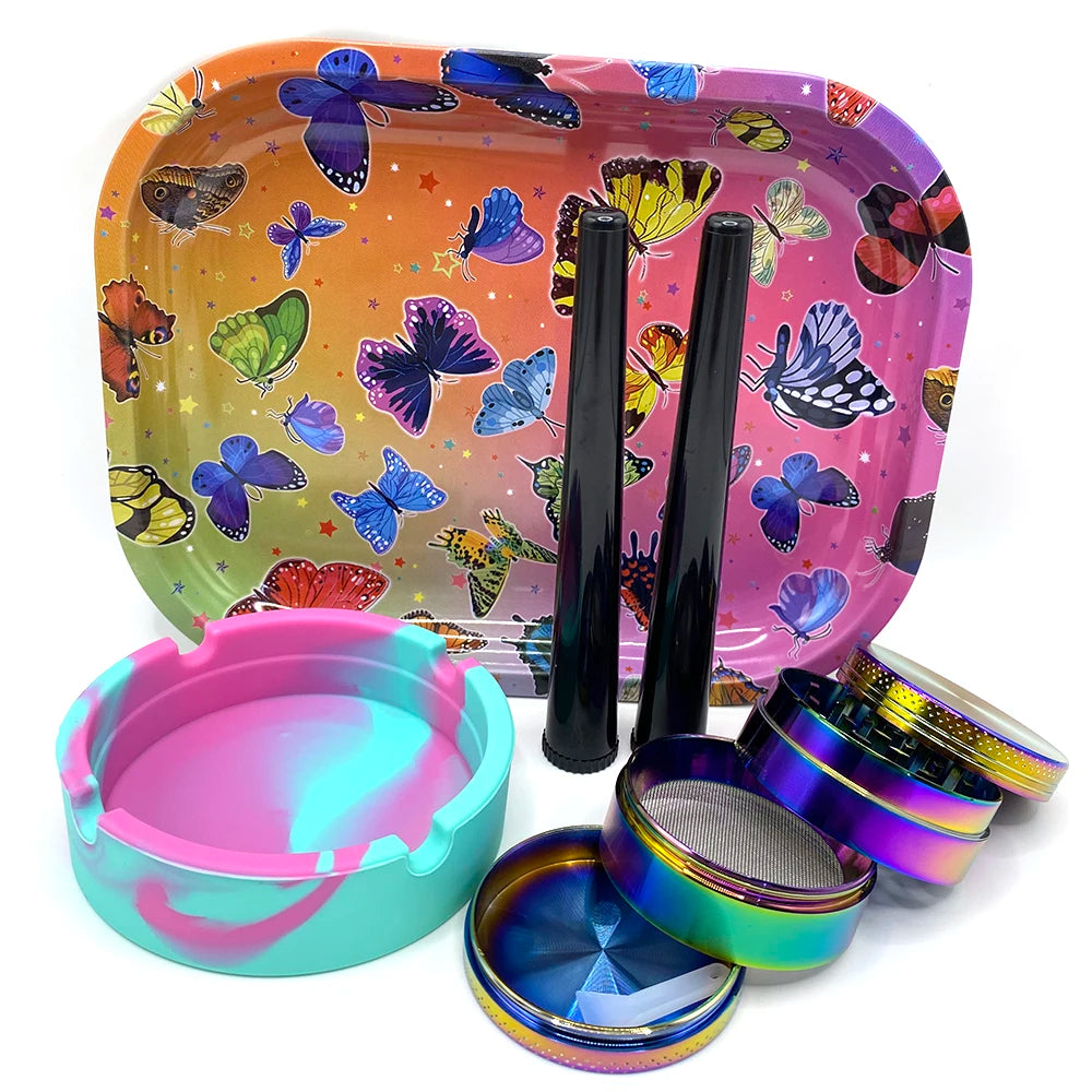 Smoking Odor Smell Proof Storage Tube Kit with Combination Metal Rolling Tray Herb Grinder Cigarette Silicone Ashtray Set