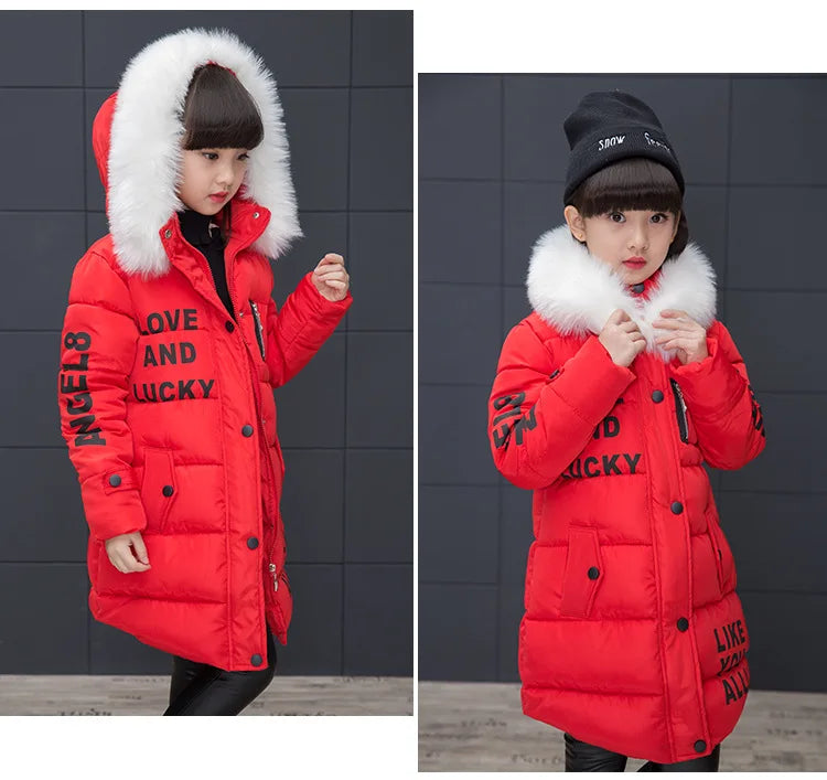 RAISE 2024 Russia Winter 4-13Y Girls Parkas Faux Fur Collar Baby Girl Long Cotton-padded Jacket Letter Junior Girl Snowwear Coat
